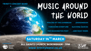 Picture of the moon with the earth in the background featuring the title of the concert Music Around the World, with the date and venue underneath.