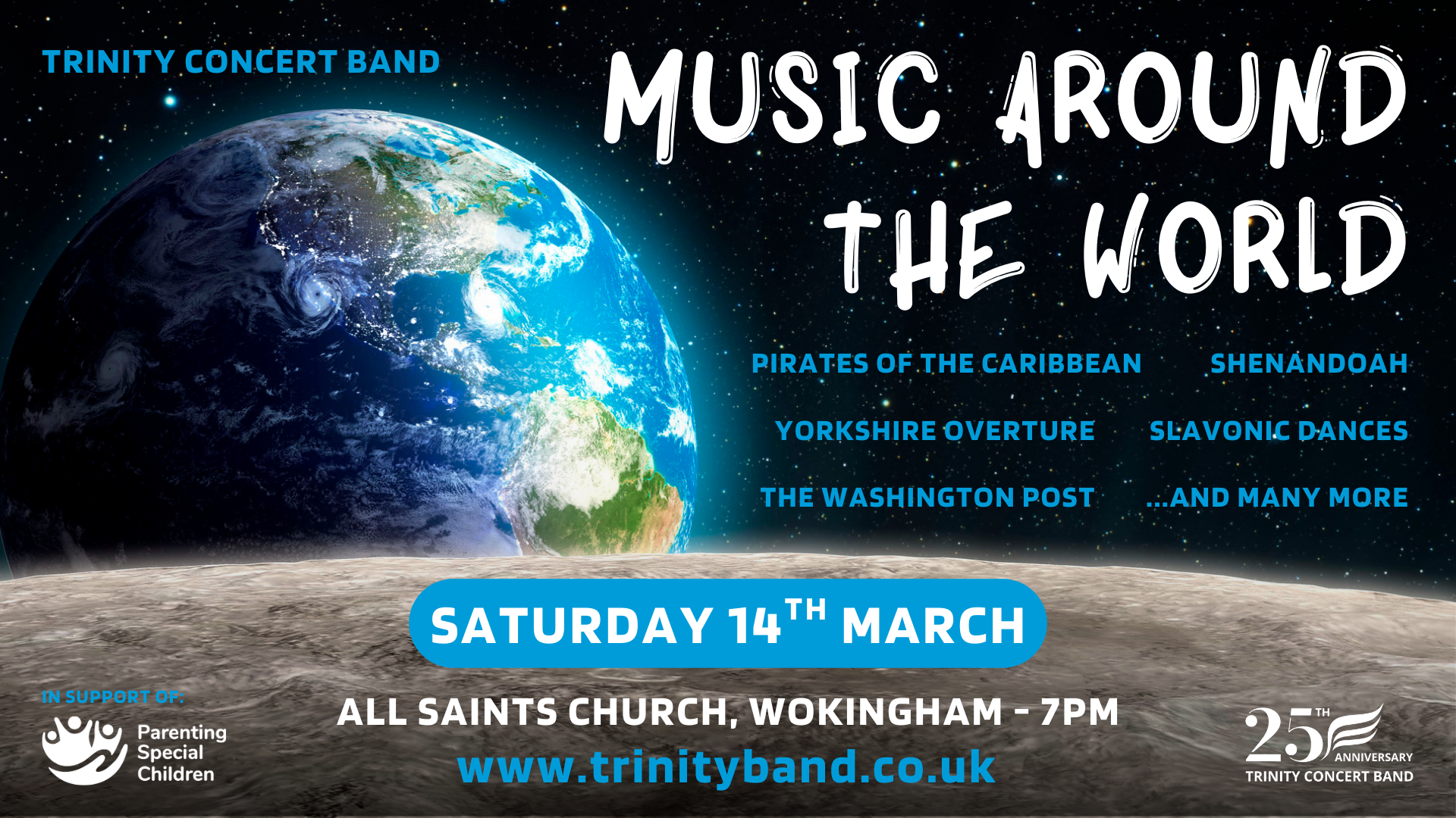 Picture of the moon with the earth in the background featuring the title of the concert Music Around the World, with the date and venue underneath.